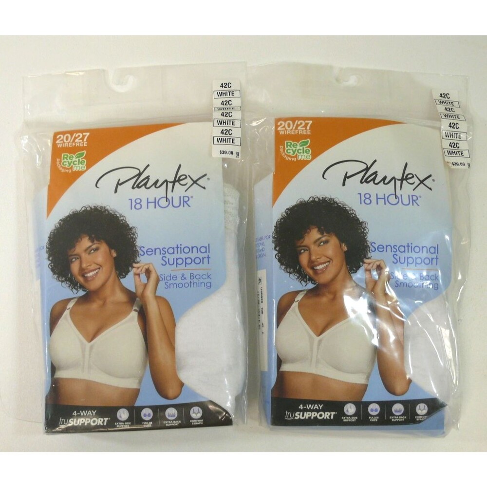 NEW 2-Playtex 18 Hour Bra 42C white 20/27 side & back smoothing wire free